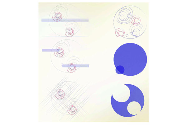 An artwork showing abstract curves and circles in array.
