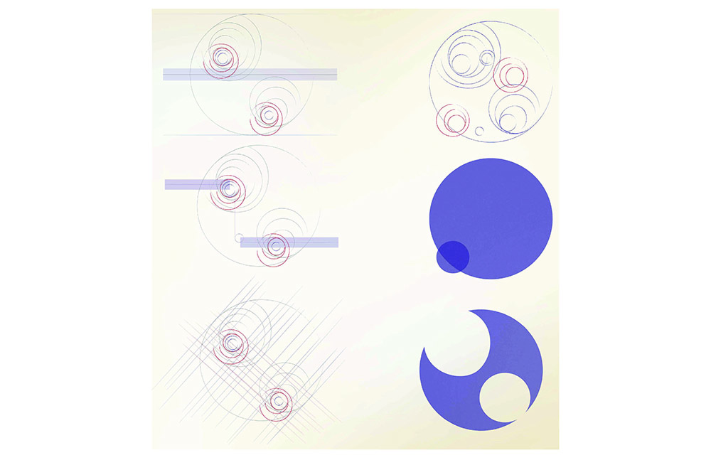 An artwork showing abstract curves and circles in array.