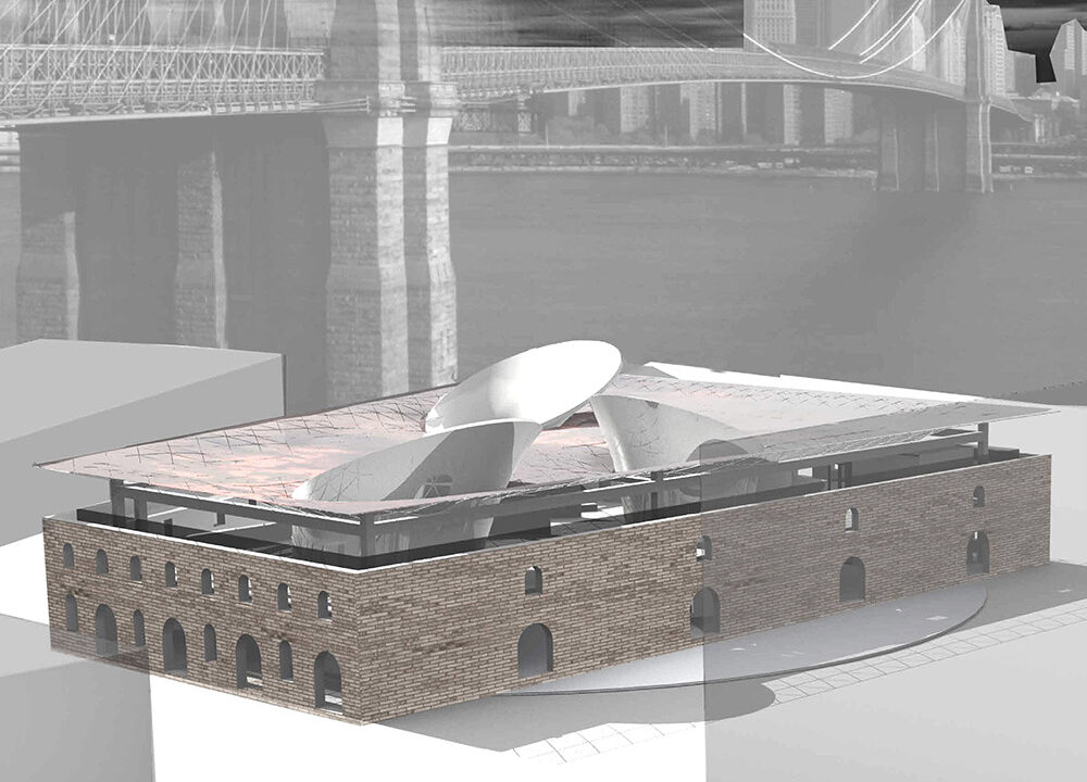 An architectural rendering of a building that features a combination of the original stone walls and a new, modern roof with white sculptural elements.