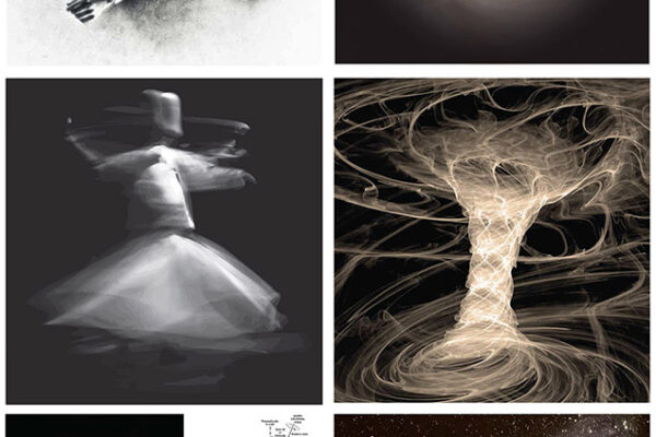 A collage of various artworks and astronomical diagrams, suggesting twirling, spiraling movement.