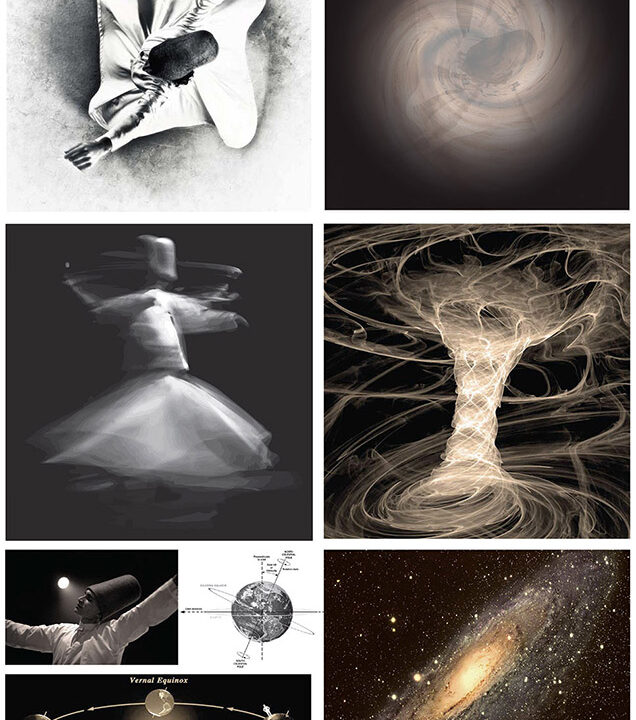 A collage of various artworks and astronomical diagrams, suggesting twirling, spiraling movement.