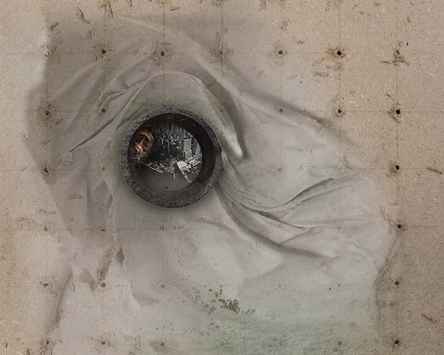 An abstract or artistic photograph that may depict a circular object, possibly a pipe or a lens, set into a textured surface with draped fabric.