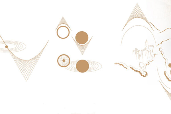 An abstract artwork depicting a geometric cityscape and landscape designs in a gold/tan color scheme.