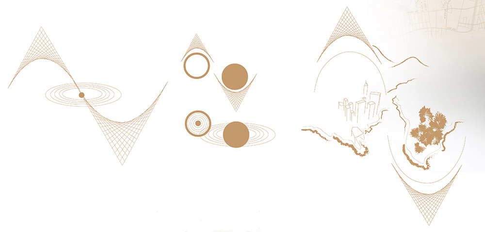 An abstract artwork depicting a geometric cityscape and landscape designs in a gold/tan color scheme.