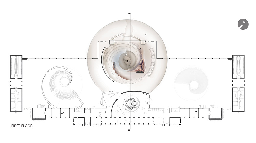 An architectural plan for a building that includes a large circular hall, a prominent spiral ramp, and a general floor plan layout.