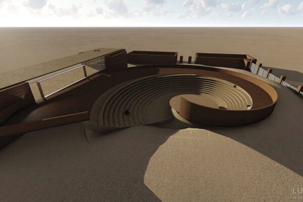 An architectural rendering for a large, outdoor amphitheater or similar public space, featuring a distinct spiral design for the seating area, integrated into a landscape of sand or earth.