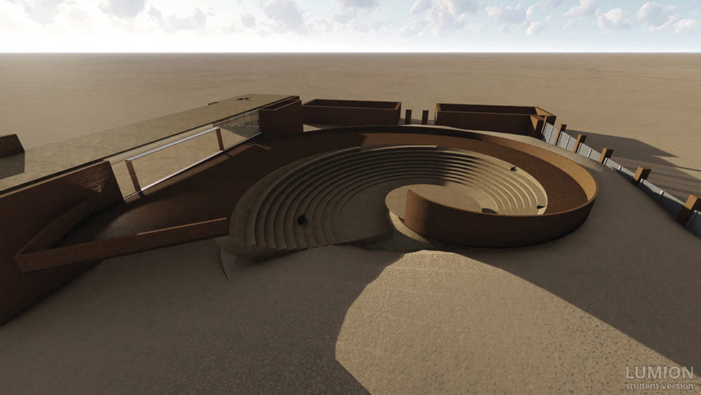 An architectural rendering for a large, outdoor amphitheater or similar public space, featuring a distinct spiral design for the seating area, integrated into a landscape of sand or earth.