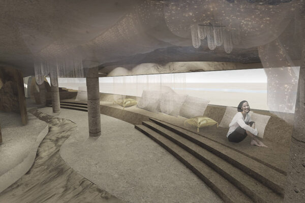 A render of a building, possibly a resort or hotel, intended to blend architecture with the natural landscape, using a curatorial and museographical approach to highlight the sensory nature of the desert.