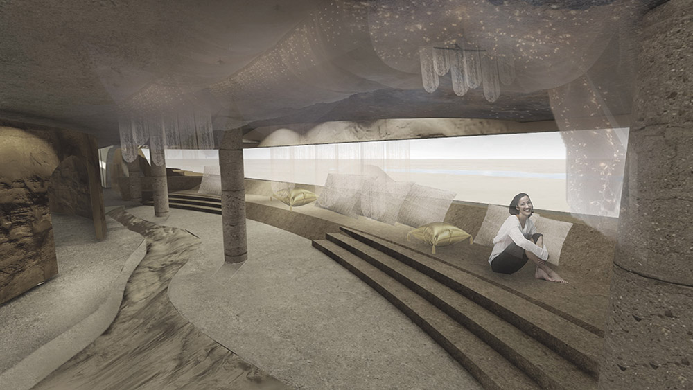 A render of a building, possibly a resort or hotel, intended to blend architecture with the natural landscape, using a curatorial and museographical approach to highlight the sensory nature of the desert.