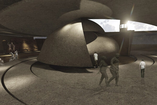 An architectural rendering or concept art for an interior space featuring a large, dome-like structure.