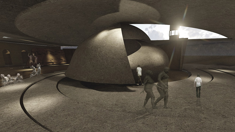 An architectural rendering or concept art for an interior space featuring a large, dome-like structure.