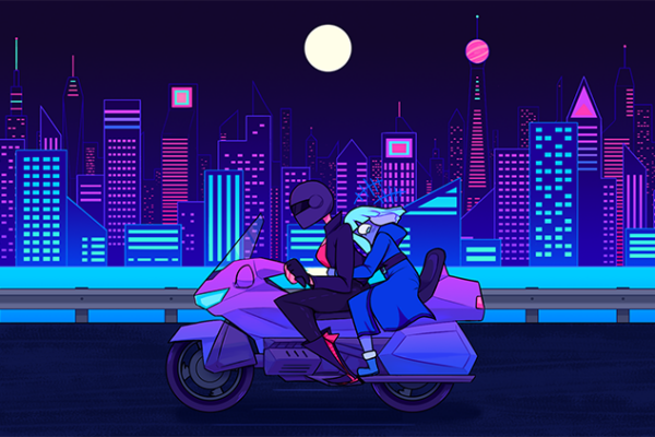 Two cartoon characters on a motorcycle at night in a city.