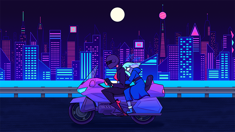 Two cartoon characters on a motorcycle at night in a city.