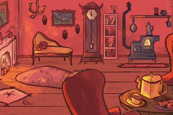 Artwork of living room scene.