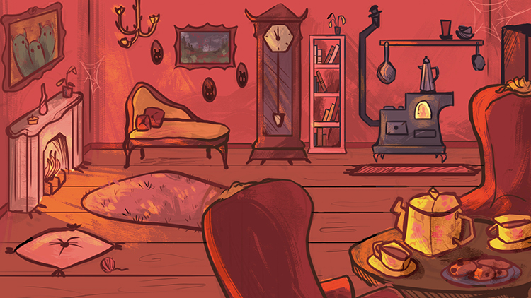 Artwork of living room scene.