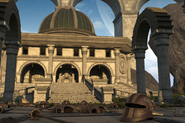A 3D render of a classical scene of a building and helmets.
