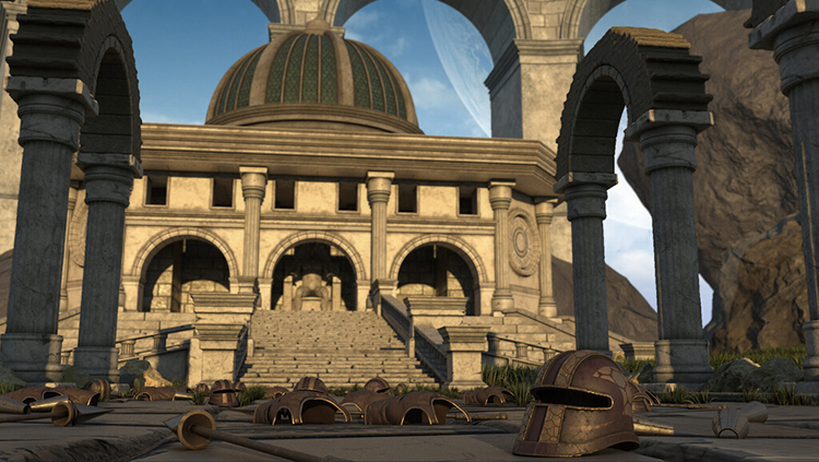 A 3D render of a classical scene of a building and helmets.