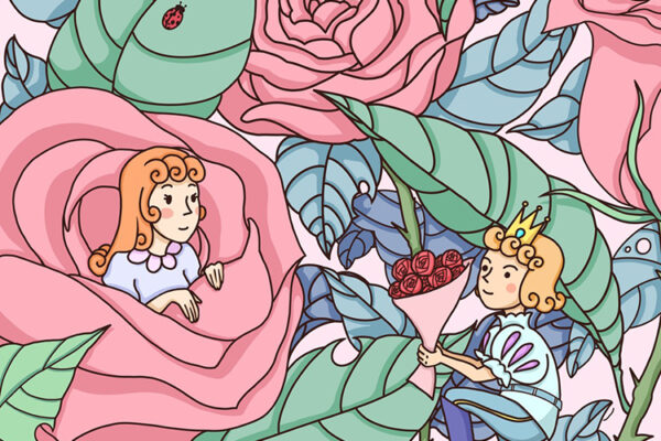 Artwork of roses and tiny people.