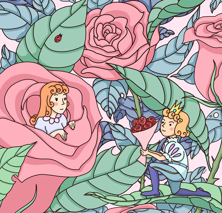 Artwork of roses and tiny people.