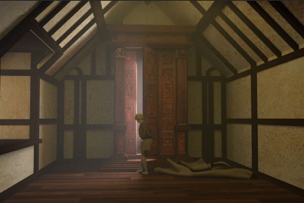 Artwork of a room with a person in it, rendered in a tudor style.