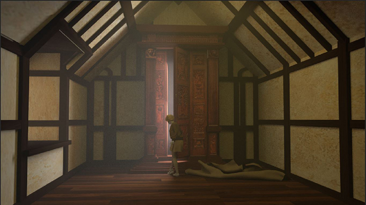 Artwork of a room with a person in it, rendered in a tudor style.