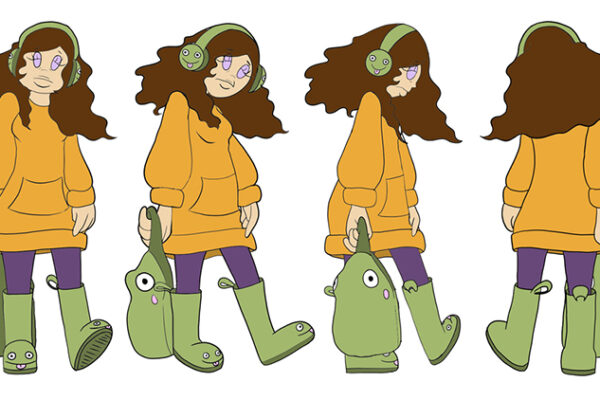 Artwork of a charqacter depicted in four poses.