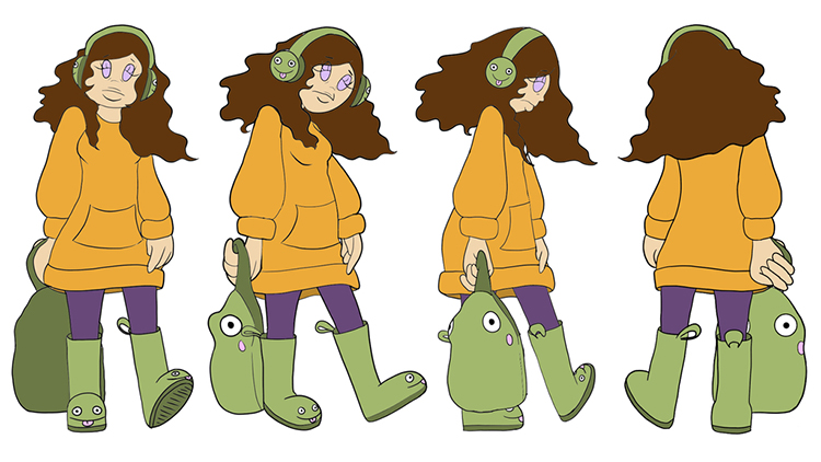 Artwork of a charqacter depicted in four poses.