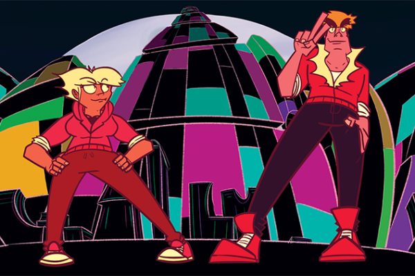 Artwork of two cartoon characters in heroic poses.