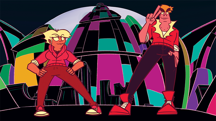 Artwork of two cartoon characters in heroic poses.