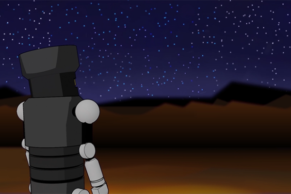 Artwork of the back of a robot at night. The robot is looking up at stars.