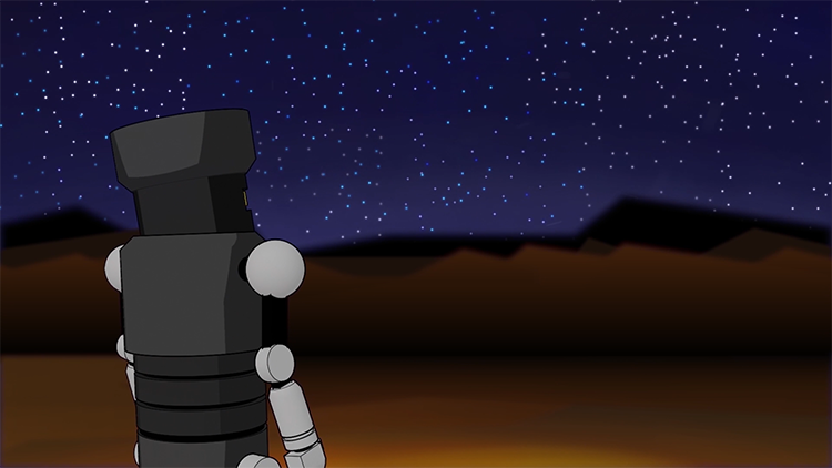 Artwork of the back of a robot at night. The robot is looking up at stars.