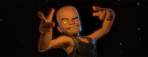 Artwork of a 3D cartoon character motioning and striking a pose.