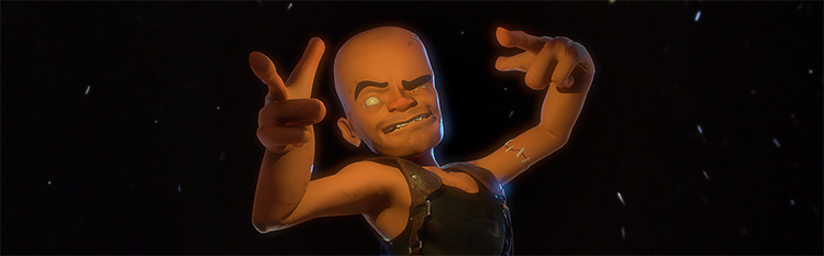 Artwork of a 3D cartoon character motioning and striking a pose.