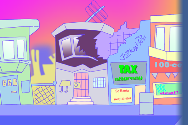 Artwork of a cartoon cityscape.