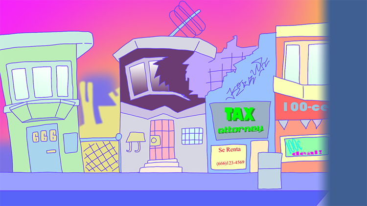 Artwork of a cartoon cityscape.