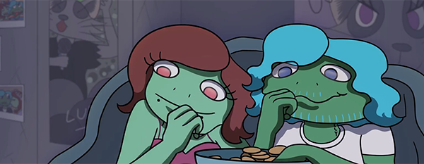 Artwork of two cartoon characters giggling.