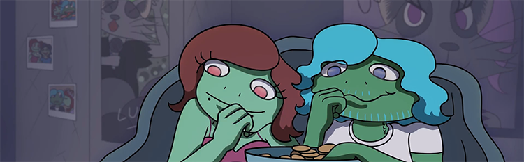 Artwork of two cartoon characters giggling.