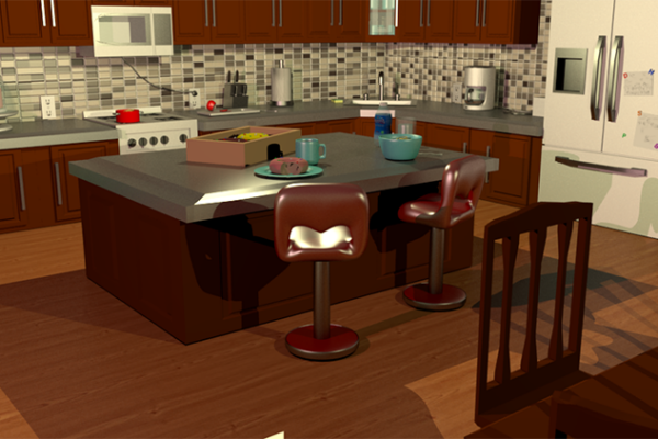 3D render of a kitchen scene.