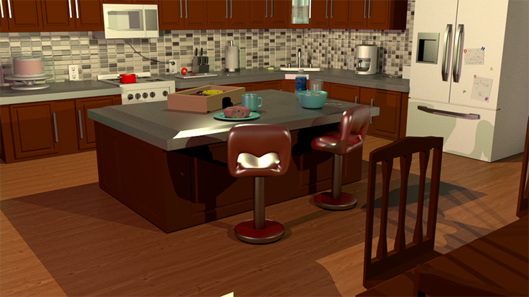 3D render of a kitchen scene.