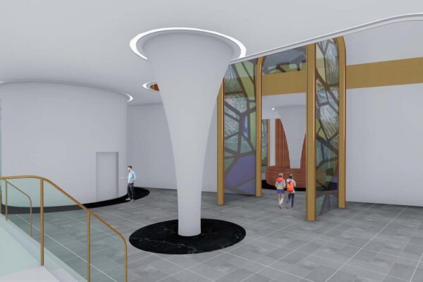 An interior design rendering of an open space within a building, featuring a large, fluted central column with a circular black marble base. There are decorative, stained-glass-like partition walls defining a seating area.