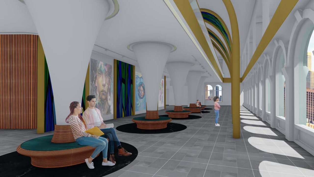 An interior design rendering of an open space within a building, featuring large, fluted columns with a circular black marble base and seating around the base.