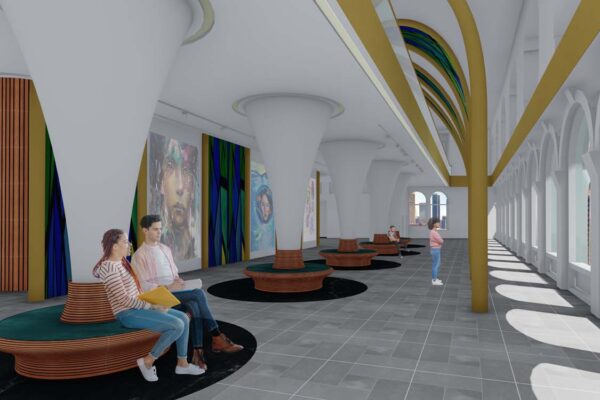An interior design rendering of an open space within a building, featuring large, fluted columns with a circular black marble base and seating around the base.