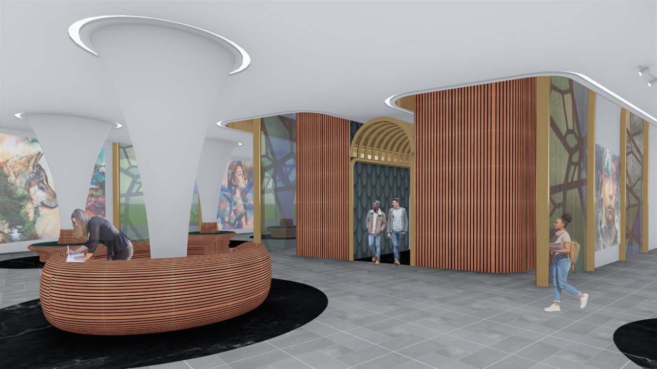 An interior design rendering of an open space within a building, featuring large, fluted columns with a circular black marble base. A customer service desk surrounds the base of one column.