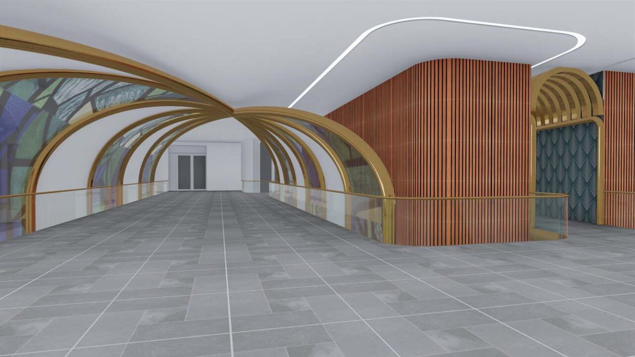 A rendering of an interior walkway, with a blend of modern materials and architectural elements, perhaps in a hotel.