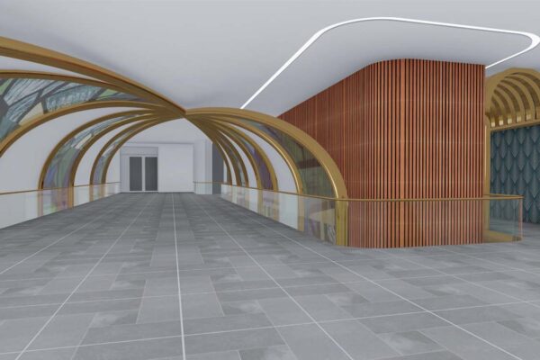 A rendering of an interior walkway, with a blend of modern materials and architectural elements, perhaps in a hotel.