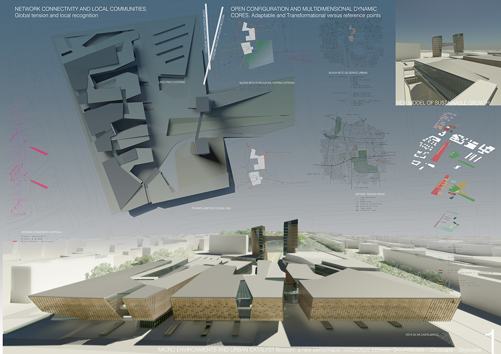 MILAN, ITALYInvitation to participate to the International Design Competition for the: New Bocconi Campus in the former area of Centrale del Latte di Milano.Title: “Micro environments and Urban Catalysts. Bocconi: a new performable morphotype between groundscape, cityscape and skyscape.”NYIT-SoAD and “Laboratorio Misure e Scale” of Politecnico di Milano.Team leaders: Giovanni Santamaria and Antonella Contin