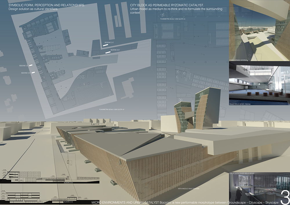 MILAN, ITALYInvitation to participate to the International Design Competition for the: New Bocconi Campus in the former area of Centrale del Latte di Milano.Title: “Micro environments and Urban Catalysts. Bocconi: a new performable morphotype between groundscape, cityscape and skyscape.”NYIT-SoAD and “Laboratorio Misure e Scale” of Politecnico di Milano.Team leaders: Giovanni Santamaria and Antonella Contin