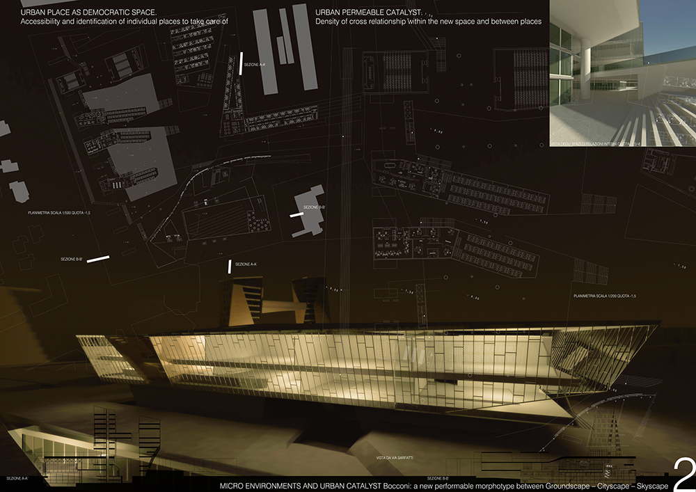 MILAN, ITALYInvitation to participate to the International Design Competition for the: New Bocconi Campus in the former area of Centrale del Latte di Milano.Title: “Micro environments and Urban Catalysts. Bocconi: a new performable morphotype between groundscape, cityscape and skyscape.”NYIT-SoAD and “Laboratorio Misure e Scale” of Politecnico di Milano.Team leaders: Giovanni Santamaria and Antonella Contin