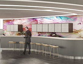 Illustration showing interior elements of an architectural design: a counter and cabinets with stools before the counter.