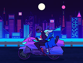 A cityscape at night in blues and purples